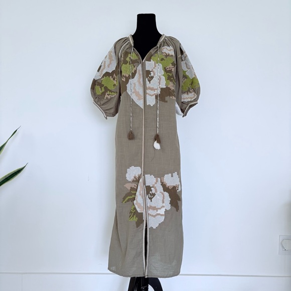 Floral Embroidered Linen Maxi Dress. - Picture 1 of 9